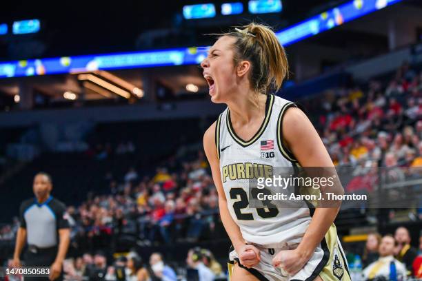 Abbey Ellis of the Purdue Boilermakers reacts after being fouled and making a basket during the second half of a Big Ten Women's Basketball...