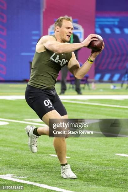 Linebacker Jack Campbell of Iowa participates in a drill during the NFL Combine at Lucas Oil Stadium on March 02, 2023 in Indianapolis, Indiana.