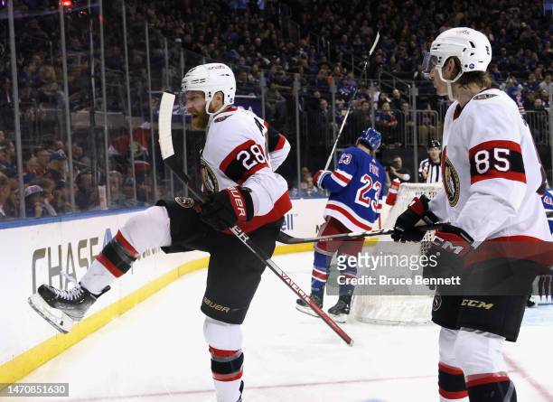 Claude Giroux of the Ottawa Senators scores a third period goal against the New York Rangers at Madison Square Garden on March 02, 2023 in New York...