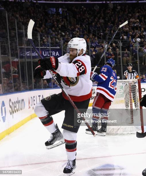 Claude Giroux of the Ottawa Senators scores a third period goal against the New York Rangers at Madison Square Garden on March 02, 2023 in New York...