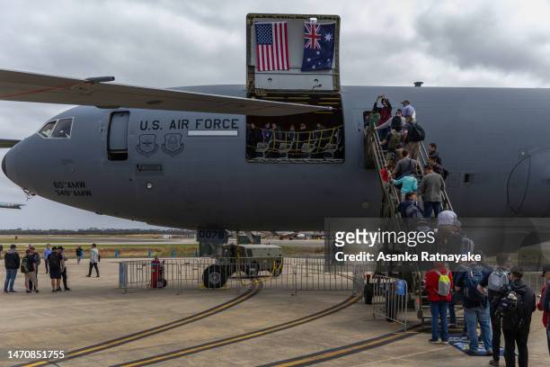 General view of spectators as the walk around USAF aircraft on static display on March 03, 2023 in Avalon, Australia. The 2023 Australian...