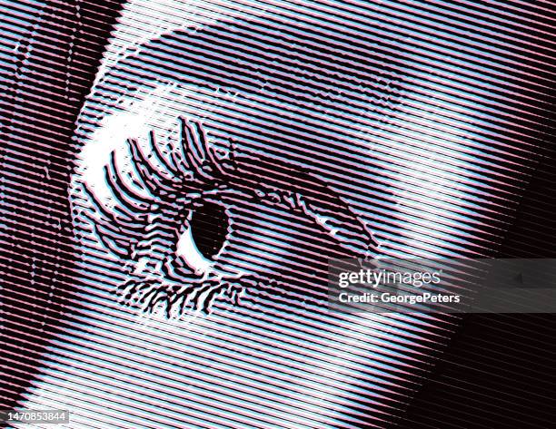 stockillustraties, clipart, cartoons en iconen met close up of all seeing eye with glitch technique - moire