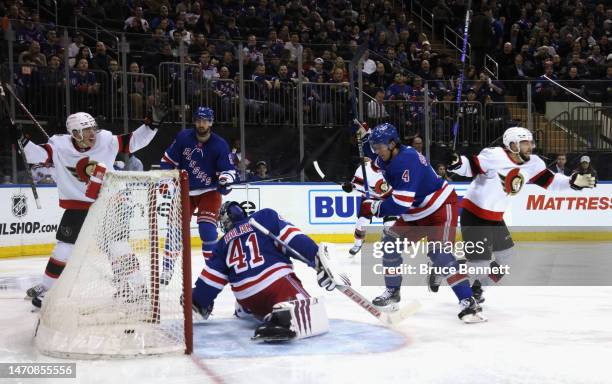 Derick Brassard of the Ottawa Senators celebrates his second goal of the game during the third period against the New York Rangers at Madison Square...