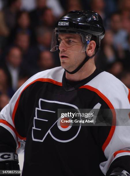 Mark Recchi of the Philadelphia Flyers skates against the Toronto Maple Leafs during NHL playoff game action on April 21, 2003 at Air Canada Centre...