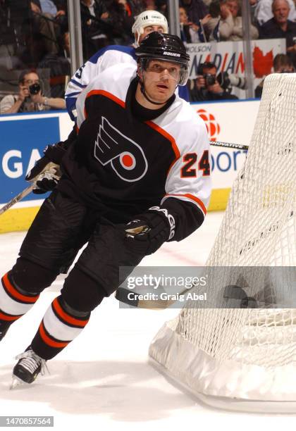 Sami Kapanen of the Philadelphia Flyers skates against the Toronto Maple Leafs during NHL playoff game action on April 21, 2003 at Air Canada Centre...