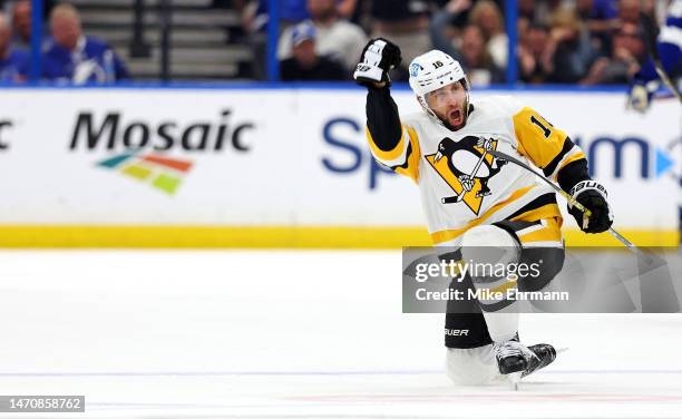 Jason Zucker of the Pittsburgh Penguins celebrates a goal in overtime during a game against the Tampa Bay Lightning at Amalie Arena on March 02, 2023...