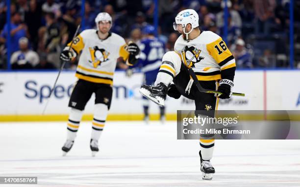 Jason Zucker of the Pittsburgh Penguins celebrates a goal in overtime during a game against the Tampa Bay Lightning at Amalie Arena on March 02, 2023...