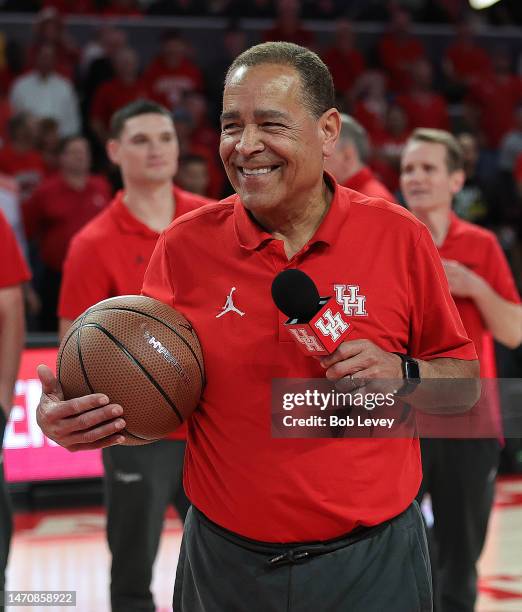 Head coach Kelvin Sampson of the Houston Cougars addresses the fans at Fertitta Center after defeating the Wichita State Shockers on March 02, 2023...