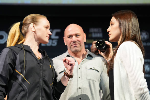 Valentina Shevchenko of Kyrgyzstan and Alexa Grasso of Mexico face off during the UFC 285 Press Conference at the KA Theatre at MGM Grand Hotel &...