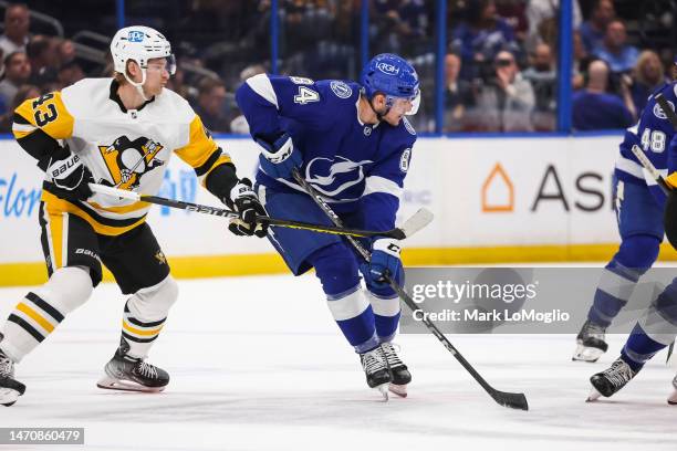 Tanner Jeannot of the Tampa Bay Lightning against the Pittsburgh Penguins during the first period at Amalie Arena on March 2, 2023 in Tampa, Florida.