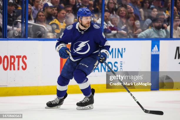 Erik Cernak of the Tampa Bay Lightning against the Pittsburgh Penguins during the first period at Amalie Arena on March 2, 2023 in Tampa, Florida.