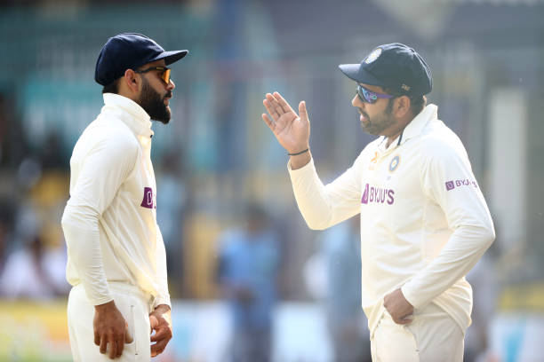 Virat Kohli and Rohit Sharma of India are seen during day three of the Third Test match in the series between India and Australia at Holkare Cricket...