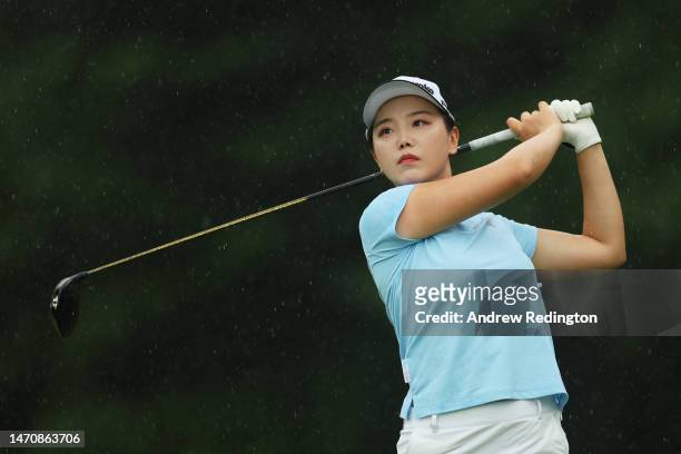 Yuting Shi of China tees off on the eleventh hole during Day Two of the HSBC Women's World Championship at Sentosa Golf Club on March 03, 2023 in...