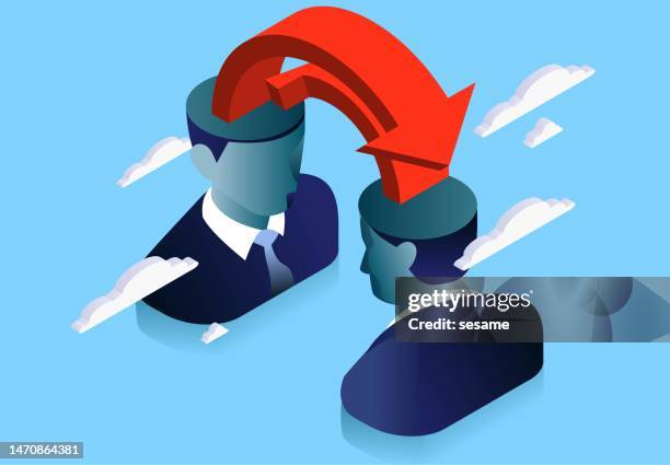 exchange of ideas, brainstorming to solve problems, sharing of ideas and knowledge, self-improvement and skills training, isometric exchange of brain ideas between two businessmen face to face - exchanging information stock illustrations