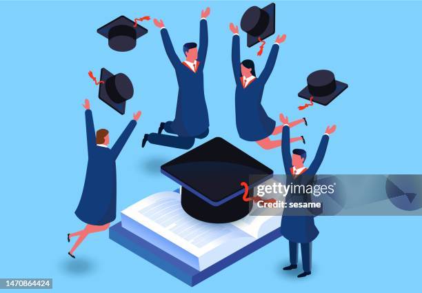 ilustrações de stock, clip art, desenhos animados e ícones de graduation, completion of a degree or training, educational knowledge to help improve academic or vocational skills, isometric four people jumping and cheering around isometric graduation caps and books - throwing star