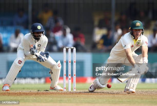 Marnus Labuschagne of Australia bats during day three of the Third Test match in the series between India and Australia at Holkare Cricket Stadium on...