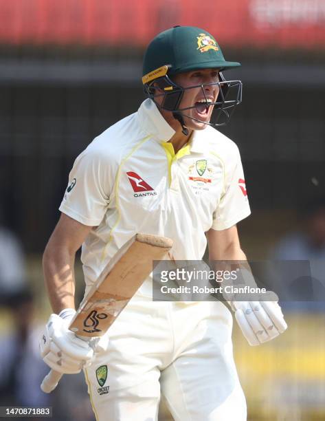 Marnus Labuschagne of Australia celebrates after Australia defeated India during day three of the Third Test match in the series between India and...