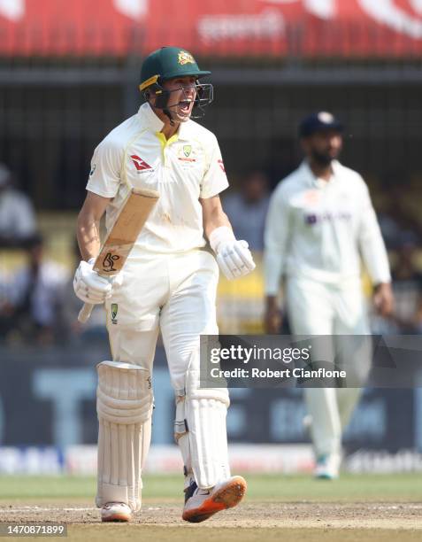 Marnus Labuschagne of Australia celebrates after Australia defeated India during day three of the Third Test match in the series between India and...