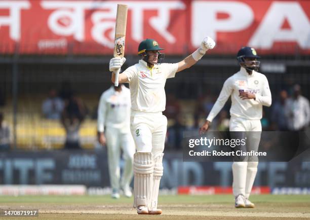 Marnus Labuschagne of Australia celebrates after Australia defeated India during day three of the Third Test match in the series between India and...