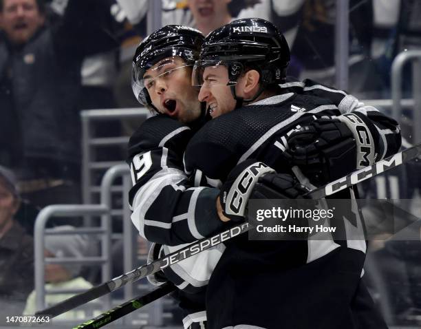 Alex Iafallo of the Los Angeles Kings celebrates his goal from a Gabriel Vilardi assist, to tie the game 1-1 with the Montreal Canadiens, during the...