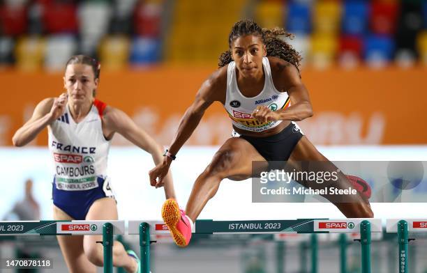Nafissatou Thiam of Belgium competes during the Women's 60m Hurdles Pentathlon during Day 1 of the European Athletics Indoor Championships at the...