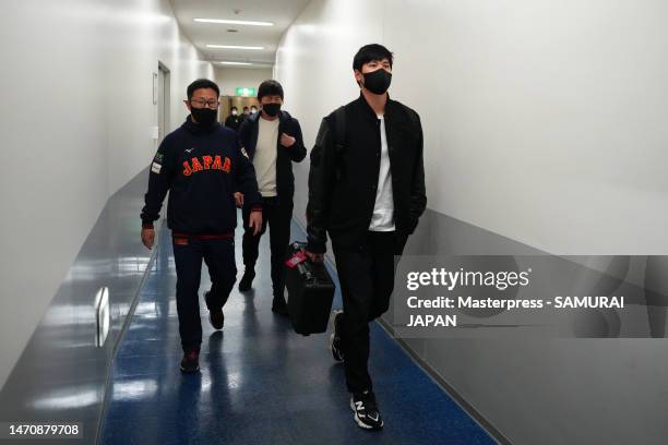 Pitcher Shohei Ohtani of Samurai Japan is seen on arrival prior to the practice game between Samura Japan and Chunichi Dragons at Vantelin Dome...