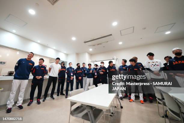 Outfielder Lars Nootbaar, Pitcher Shohei Ohtani of Samurai Japan join teammates prior to the practice game between Samura Japan and Chunichi Dragons...