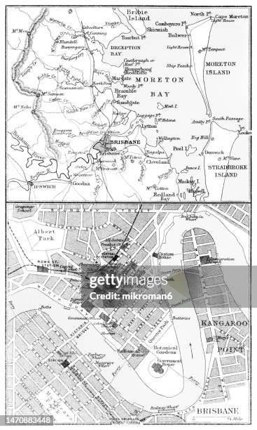 old chromolithograph map of brisbane, the capital and most populous city of queensland in australia - river logo stock pictures, royalty-free photos & images