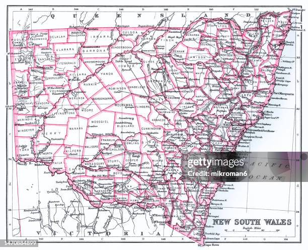 old chromolithograph map of new south wales - a state on the east coast of australia - australia capital cities map stock pictures, royalty-free photos & images