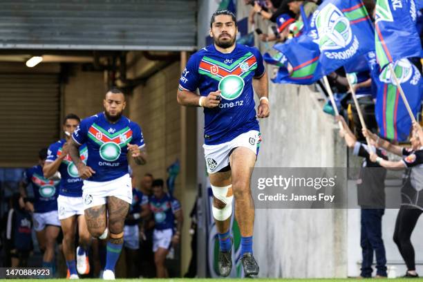 Tohu Harris of the Warriors runs out for the round one NRL match between the New Zealand Warriors and Newcastle Knights at Sky Stadium on March 03,...