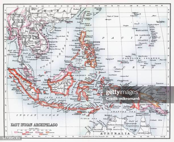 old chromolithograph map of east indian archipelago - island of borneo fotografías e imágenes de stock