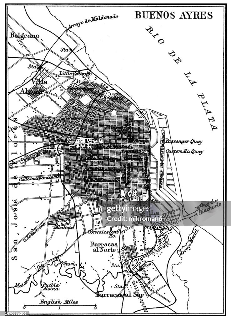 Old chromolithograph map of Buenos Aires (capital and primate city of Argentina)
