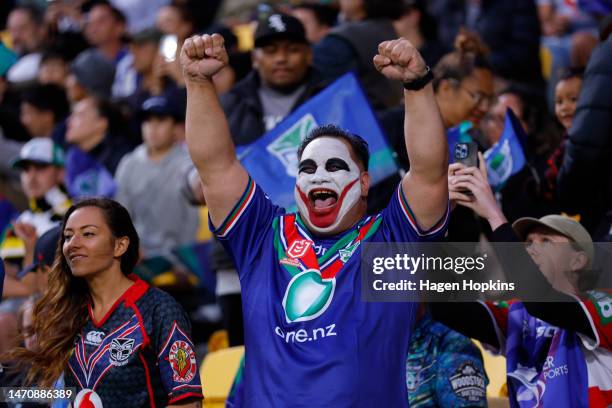Warriors fan shows their support during the round one NRL match between the New Zealand Warriors and Newcastle Knights at Sky Stadium on March 03,...