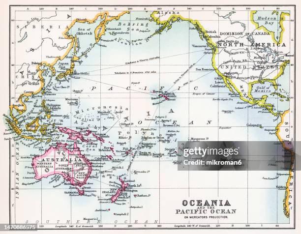 old chromolithograph map of oceania and pacific ocean - irian jaya stock pictures, royalty-free photos & images