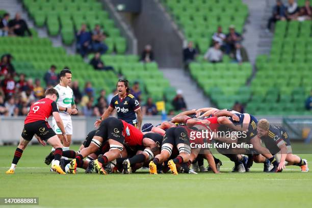 The teams are seen in a scrum during the round two Super Rugby Pacific match between Crusaders and Highlanders at AAMI Park, on March 03 in...
