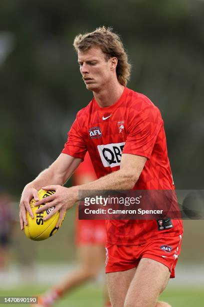 Nick Blakey of the Swans warms up during the AFL Practice Match between the Sydney Swans and the Carlton Blues at Blacktown International Sportspark...