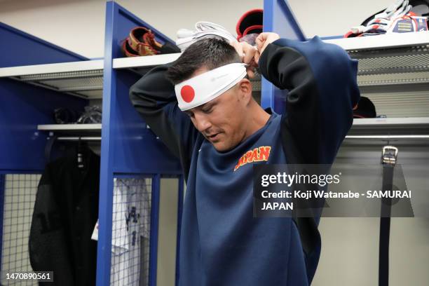 Outfielder Lars Nootbaar of Samurai Japan wears a headband prior to the practice game between Samura Japan and Chunichi Dragons at Vantelin Dome...