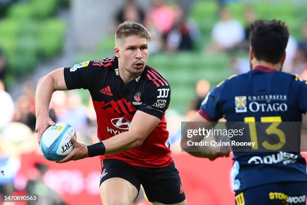 Jack Goodhue of the Crusaders in action during the round two Super Rugby Pacific match between Crusaders and Highlanders at AAMI Park, on March 03 in...