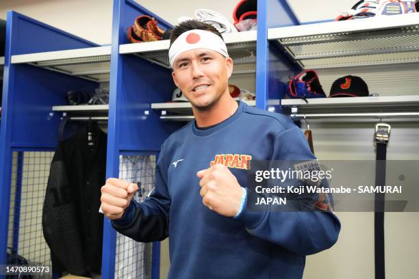 Outfielder Lars Nootbaar of Samurai Japan poses in the locker room prior to the practice game between Samura Japan and Chunichi Dragons at Vantelin...