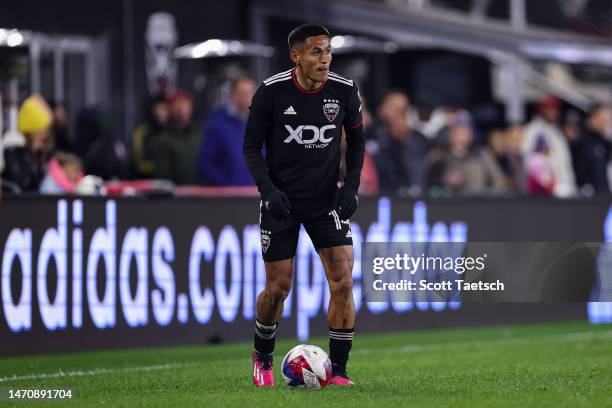 Andy Najar of DC United controls the ball against Toronto FC during the second half of the MLS game at Audi Field on February 25, 2023 in Washington,...