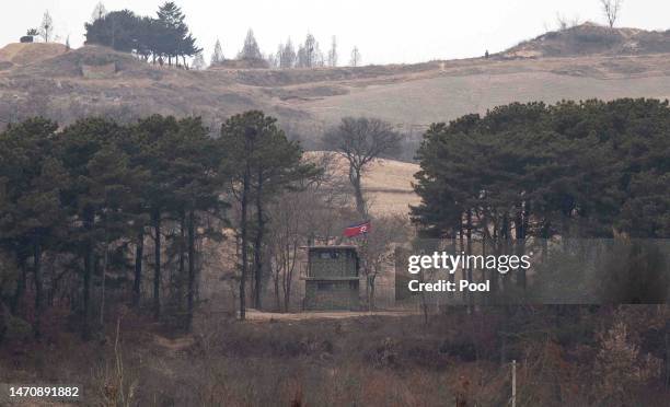 North Korean guard post is seen from an South Korea's observation post inside the demilitarized zone separating South and North Korea on March 03,...
