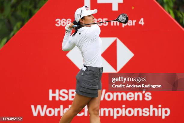 Danielle Kang of The United States tees off on the fourteenth hole during Day Two of the HSBC Women's World Championship at Sentosa Golf Club on...