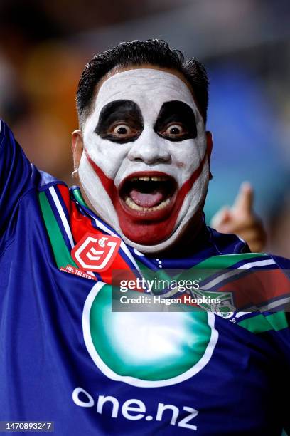 Warriors fan shows their support during the round one NRL match between the New Zealand Warriors and Newcastle Knights at Sky Stadium on March 03,...