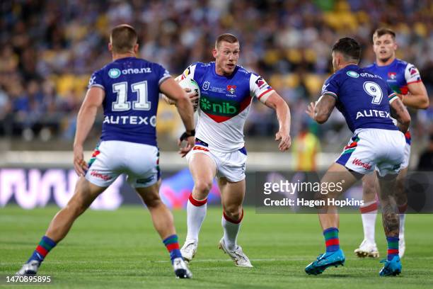 Jack Hetherington of the Knights charges forward during the round one NRL match between the New Zealand Warriors and Newcastle Knights at Sky Stadium...