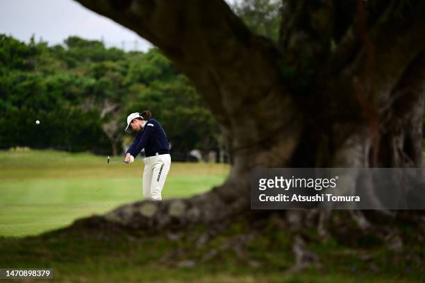 Momoko Osato of Japan hits her second shot on the 9th hole during the second round of Daikin Orchid Ladies at Ryukyu Golf Club on March 3, 2023 in...