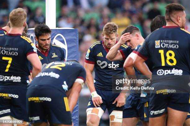 Highlanders look dejected during the round two Super Rugby Pacific match between Crusaders and Highlanders at AAMI Park, on March 03 in Melbourne,...