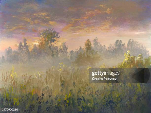 stockillustraties, clipart, cartoons en iconen met summer morning fog, painting - atmosferische lucht