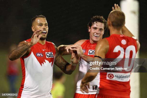 Lance Franklin of the Swans celebrates kicking a goal during the AFL Practice Match between the Sydney Swans and the Carlton Blues at Blacktown...