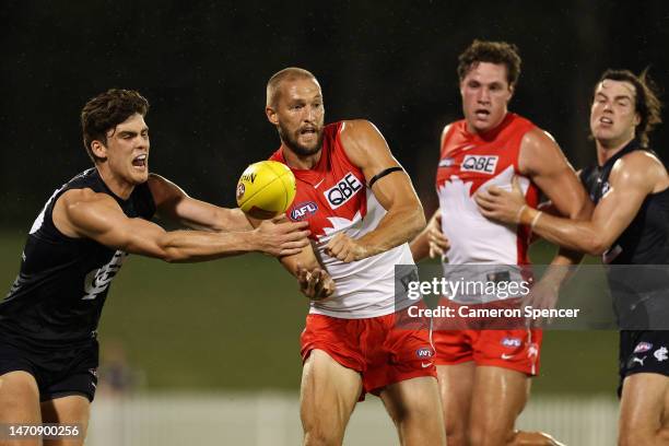 Sam Reid of the Swans handpasses during the AFL Practice Match between the Sydney Swans and the Carlton Blues at Blacktown International Sportspark...