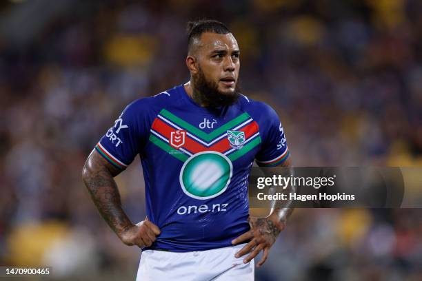 Addin Fonua-Blake of the Warriors looks on during the round one NRL match between the New Zealand Warriors and Newcastle Knights at Sky Stadium on...